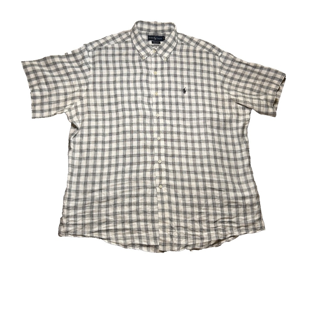 Polo Ralph Lauren Shirt Mens XXL Linen Plaid Short Sleeve Button Down Preppy